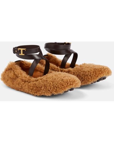 Tod's Bubble T Timeless Shearling Ballet Flats - Brown