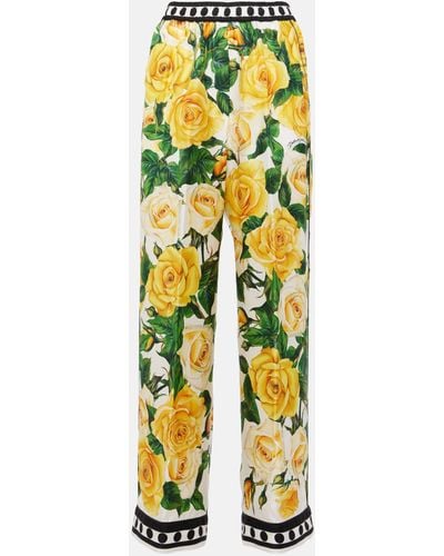 Dolce & Gabbana Floral High-rise Silk Wide-leg Pants - Yellow
