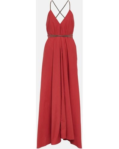 Brunello Cucinelli Belted Cotton Poplin Maxi Dress - Red
