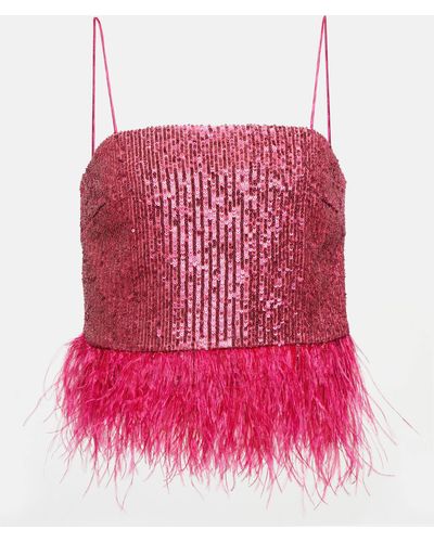 Rebecca Vallance Missing Hours Sequined Feather-trimmed Crop Top - Red