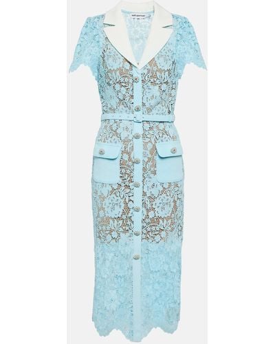 Self-Portrait Self Portrait Midi Dress In Floral Lace With Contrasting Lapel And Jewel Buttons - Blue