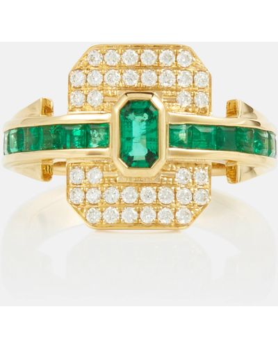 Rainbow K Shield 18kt Gold Ring With Diamonds And Emeralds - White