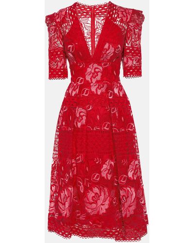 Elie Saab Floral Lace Midi Dress - Red