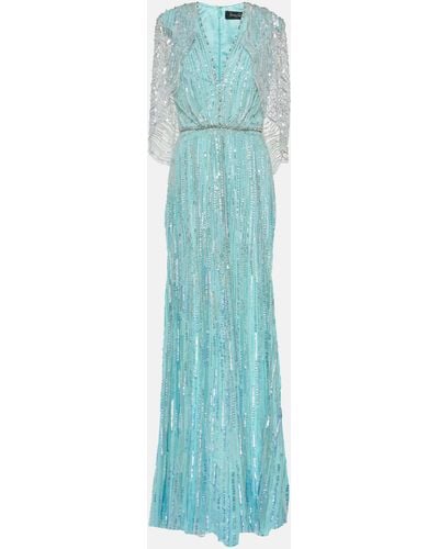 Jenny Packham Coralia Caped Embellished Gown - Blue