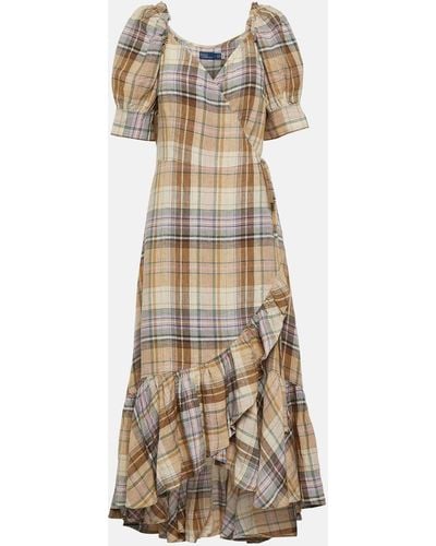 Polo Ralph Lauren Puff-sleeve Plaid-pattern Linen Midi Dress - Natural