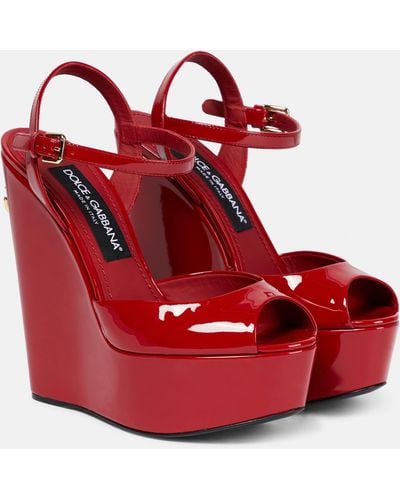 Dolce & Gabbana Logo Patent Platform Wedge Sandal - Red