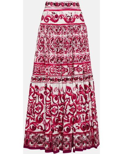 Dolce & Gabbana Long Majolica-Print Poplin Skirt - Red