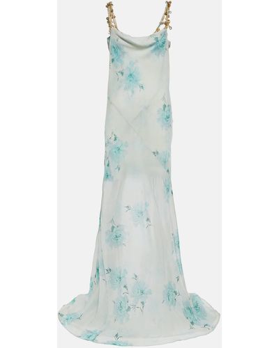 Dries Van Noten Floral Embellished Silk Chiffon Gown - Blue