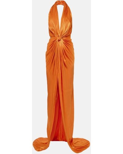Costarellos Colette Gathered Halterneck Silk Gown - Orange