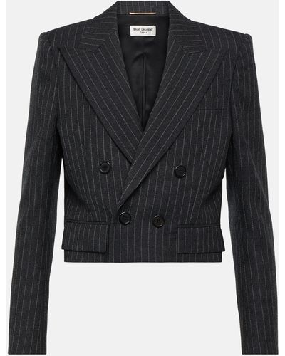 Saint Laurent Cropped Pinstriped Wool And Cotton-blend Twill Blazer - Black