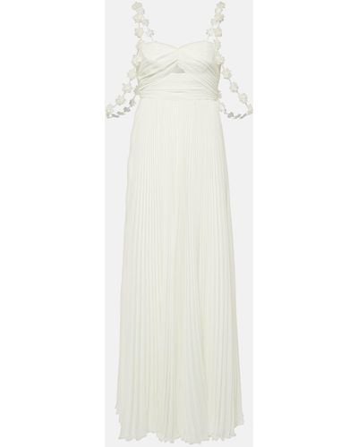 Self-Portrait Bridal Floral-applique Pleated Chiffon Maxi Dress - White