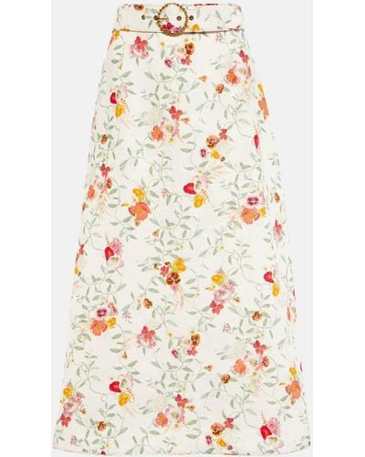 Zimmermann Belted Floral Linen Midi Skirt - White