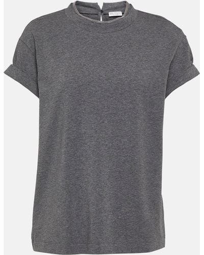Brunello Cucinelli Embellished Cotton-blend T-shirt - Grey