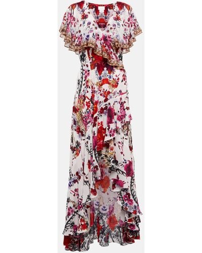 Camilla Floral Ruffled Silk Wrap Dress - Red