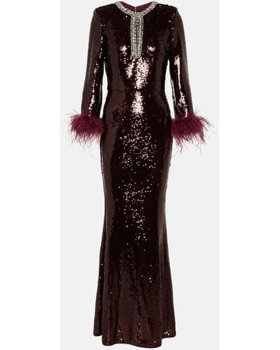 Self-Portrait Feather-trimmed Sequined Maxi Dress - Red