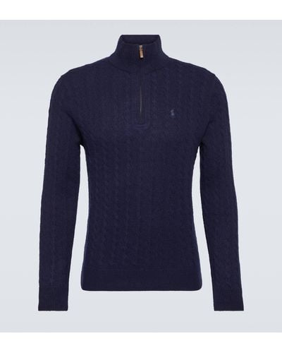 Polo Ralph Lauren Cable-knit Cotton And Wool Half-zip Sweater - Blue