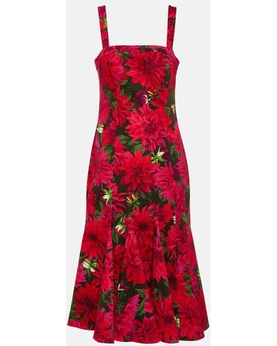 Oscar de la Renta Floral Cotton-blend Poplin Midi Dress - Red