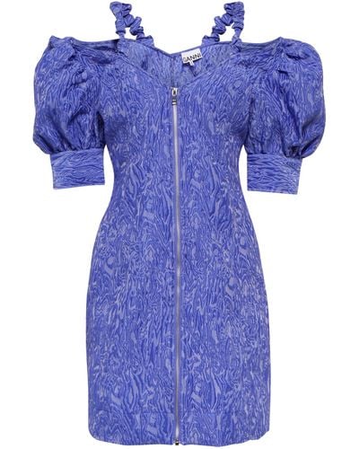Ganni Jacquard Puff-sleeve Minidress - Blue