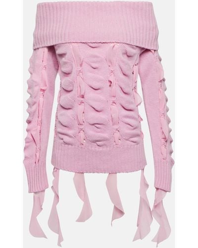 Blumarine Rushed Off-shoulder Wool Sweater - Pink