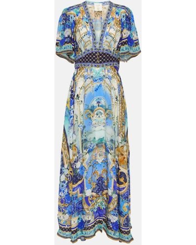 Camilla Embellished Floral Silk Maxi Dress - Blue