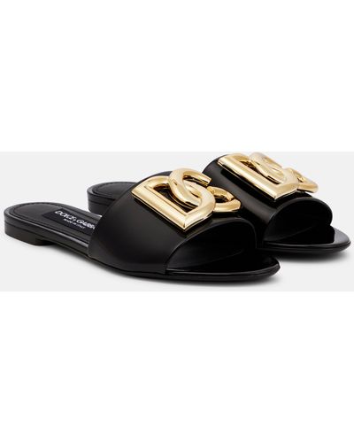 Dolce & Gabbana Capri Gold-plated Logo-plaque Patent-leather Sandals - Black