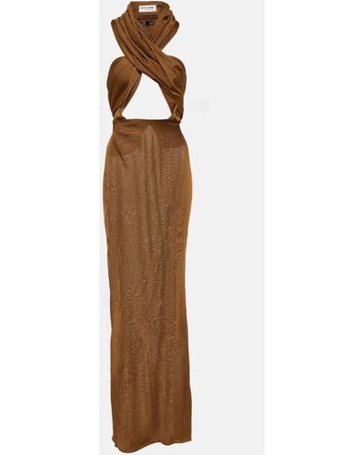 Saint Laurent Hooded Open-back Draped Jersey Gown - Brown