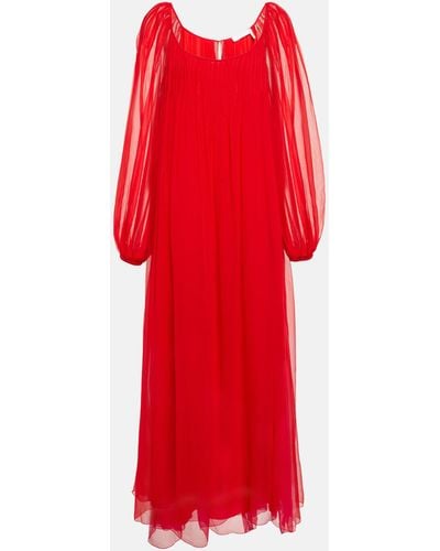 Chloé Chloe Pleated Silk Mousseline Maxi Dress - Red