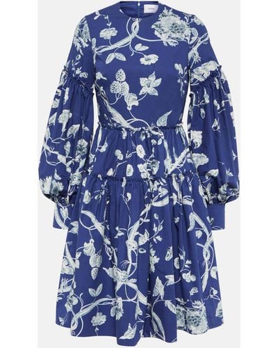 Erdem Floral-print Tiered-hem Cotton-poplin Mini Dress - Blue