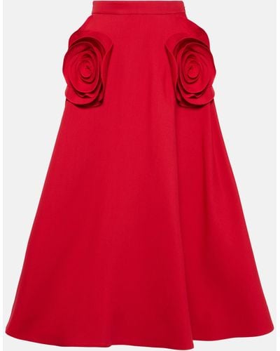 Valentino Floral-applique Wool And Silk Midi Skirt - Red