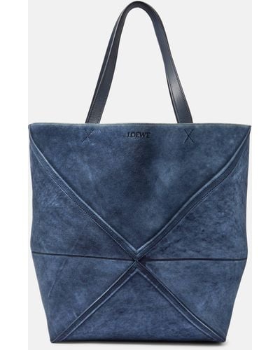 Loewe Puzzle Fold Large Suede Tote Bag - Blue