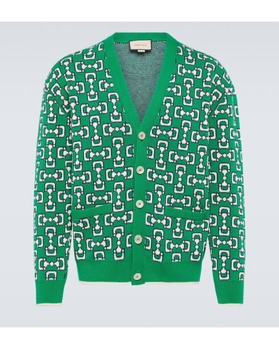 Gucci Horsebit Jacquard Cotton Pique Cardigan - Green