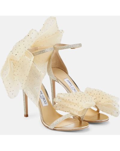 Jimmy Choo Aveline 100 Bow-detailed Crystal-embellished Mesh And Glittered Leather Sandals - Natural