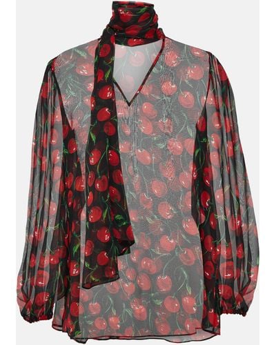 Dolce & Gabbana Cherry Tie-neck Silk Chiffon Blouse - Red
