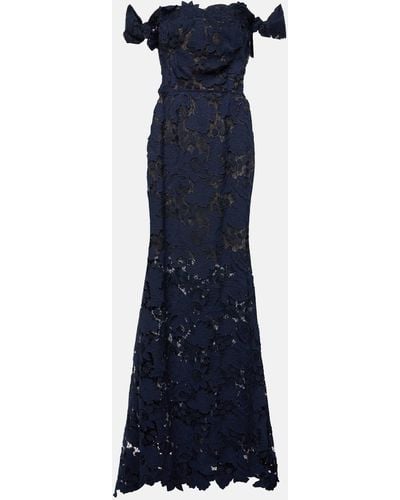 Oscar de la Renta Floral Off-shoulder Guipure Lace Gown - Blue