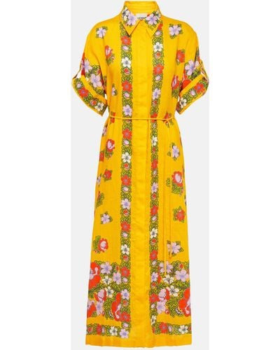 ALÉMAIS Belted Floral Linen Shirt Dress - Yellow