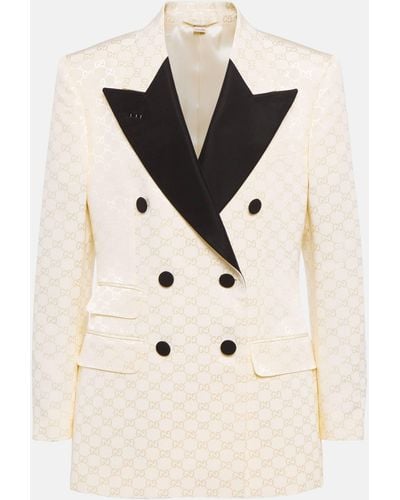 Gucci Double-breasted Silk-twill Trimmed Cotton-blend Jacquard Blazer - Natural