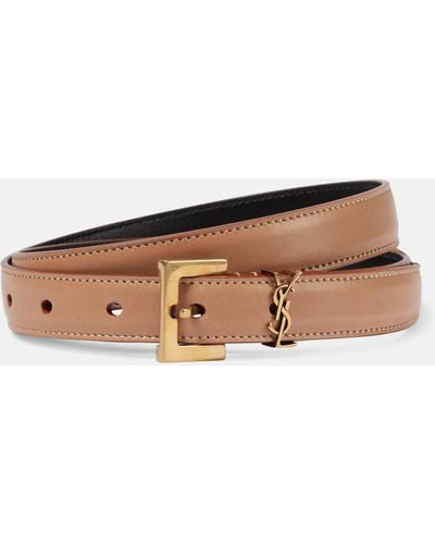 Saint Laurent Cassandre Slim Leather Belt - Brown