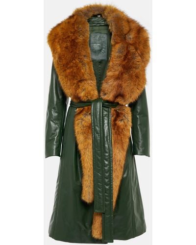 Burberry Faux Fur-trimmed Leather Coat - Green