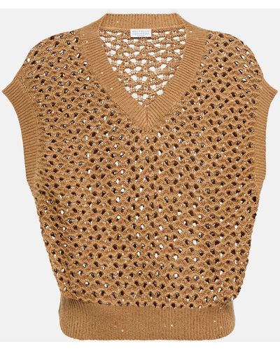 Brunello Cucinelli Open-knit Cotton, Linen And Silk Top - Metallic