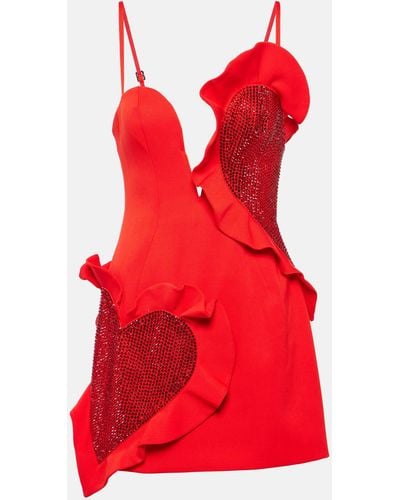Area Ruffled Embellished Wool Minidress - Red
