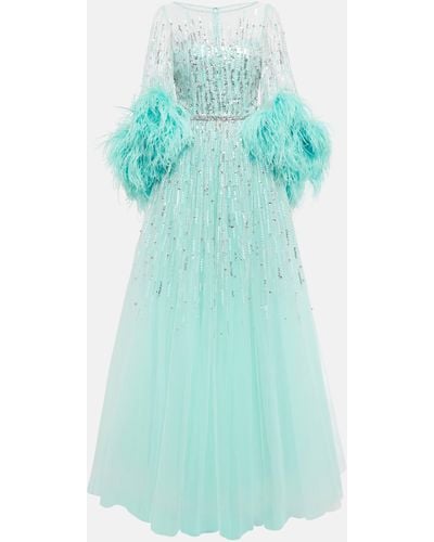 Jenny Packham Imani Embellished Faux-feather Trimmed Gown - Blue