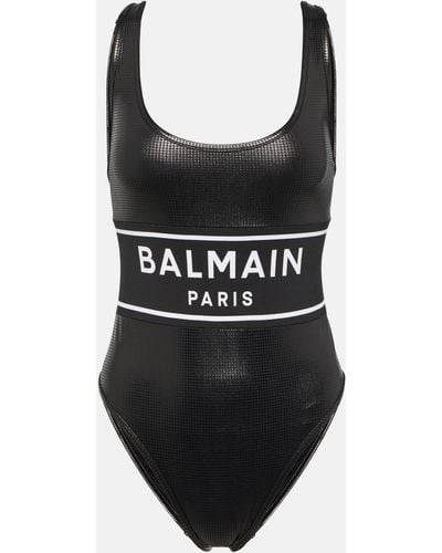 Balmain Logo-print Puppytooth-pattern Swimsuit - Black
