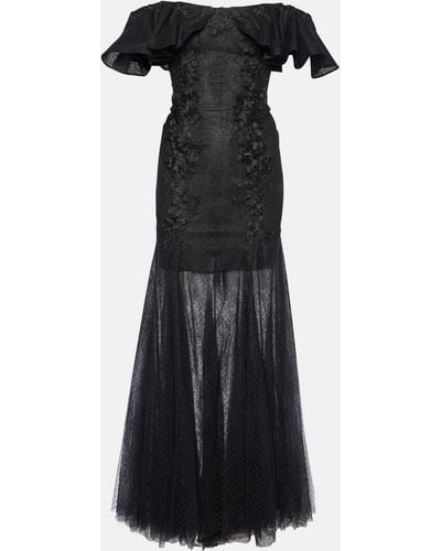 Costarellos Ruffled Lace And Tulle Gown - Black