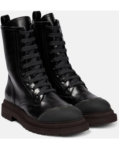 Brunello Cucinelli Lace-up Leather Ankle Boots - Black