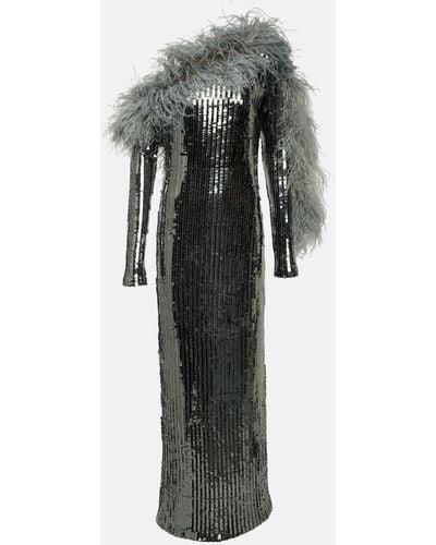 ‎Taller Marmo Garbo Disco Feather-trimmed Sequined Gown - Grey