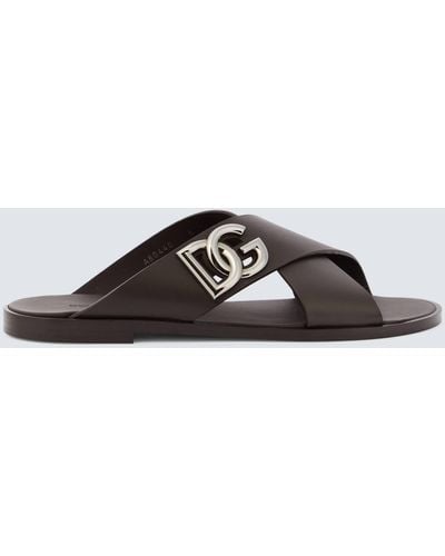 Dolce & Gabbana Logo Leather Slides - Brown