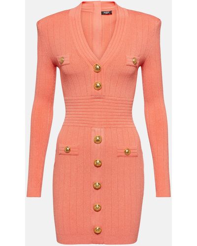 Balmain Knit Minidress With Embossed Buttons - Orange