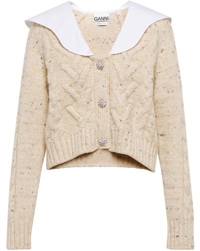 Ganni Cropped Cable-knit Cardigan - Natural