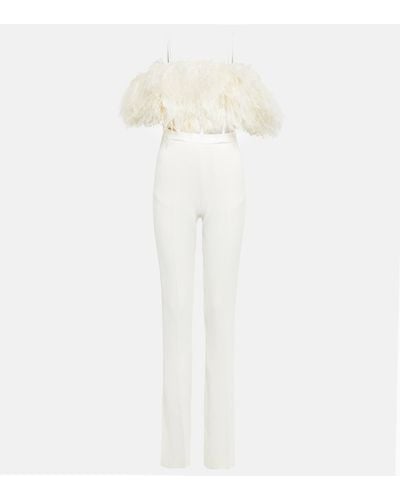 David Koma Feather-trimmed Cady Jumpsuit - White