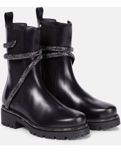 Rene Caovilla Cleo 30 Crystal Leather Chelsea Boots - Black